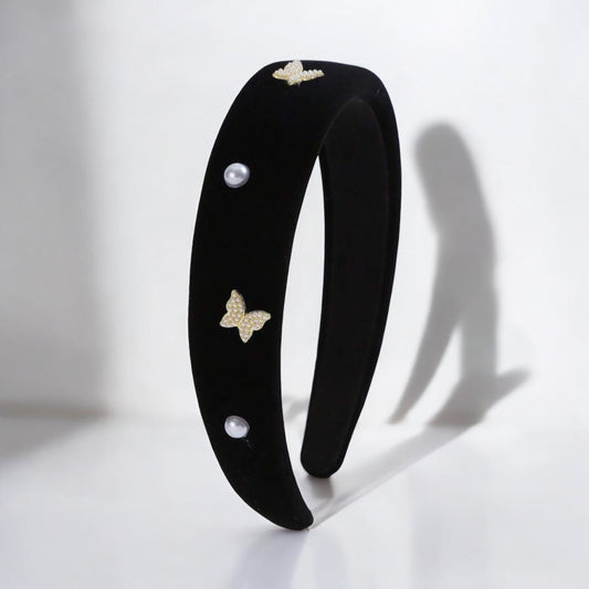 Pearl & Butterfly Design Black Headband