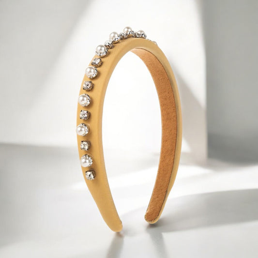 Mustard Headband with Rhinestones and Pearl