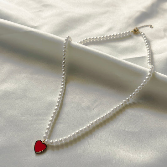 Gabrielle Pearl with Red Heart Pendant Necklace